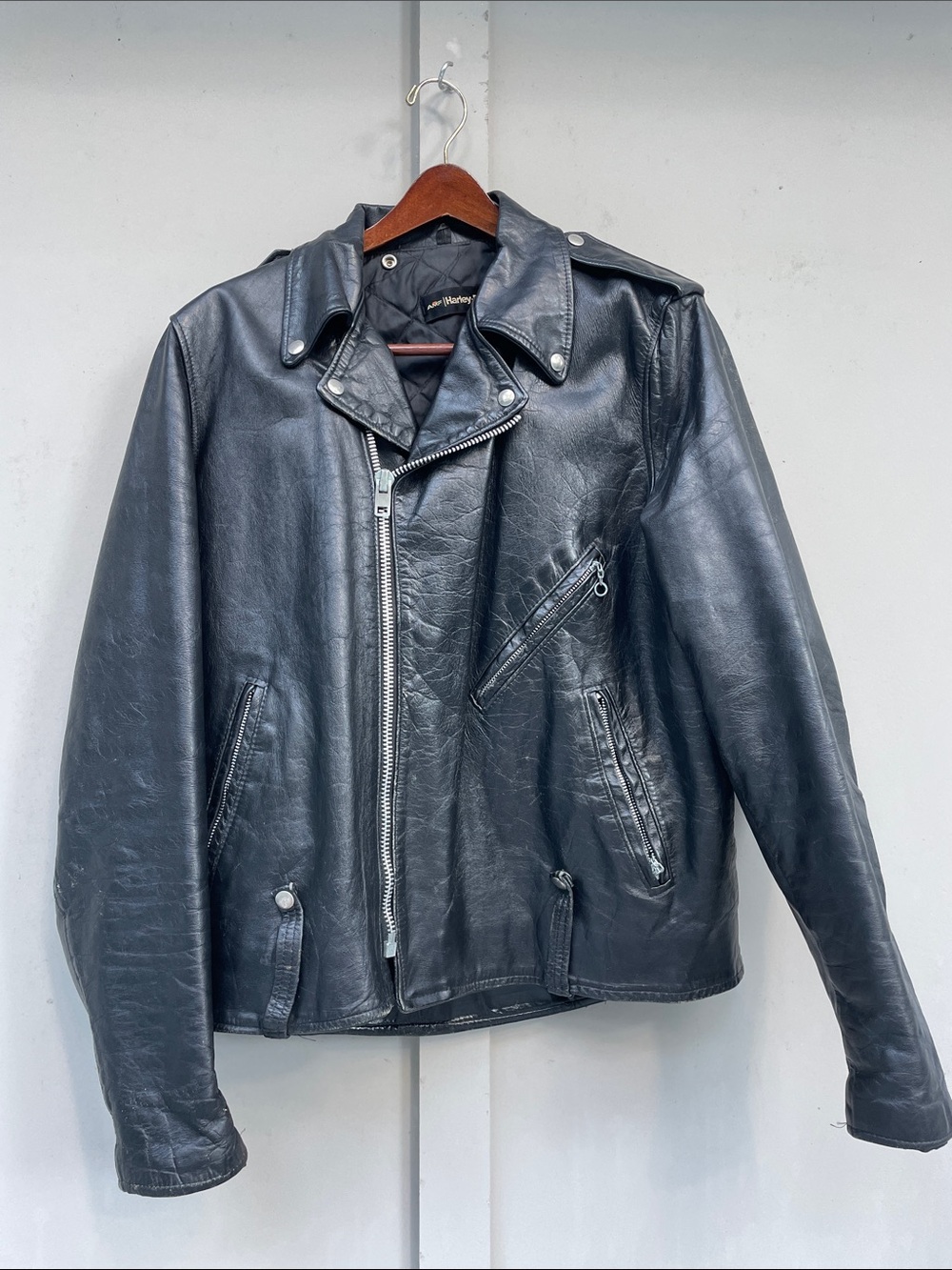 Vintage Harley-Davidson Black Leather Asymmetrical Bomber Jacket. 46 Tall.